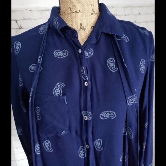 Zara Navy Blue Paisley Button Down Shirt - Picture 6 of 9
